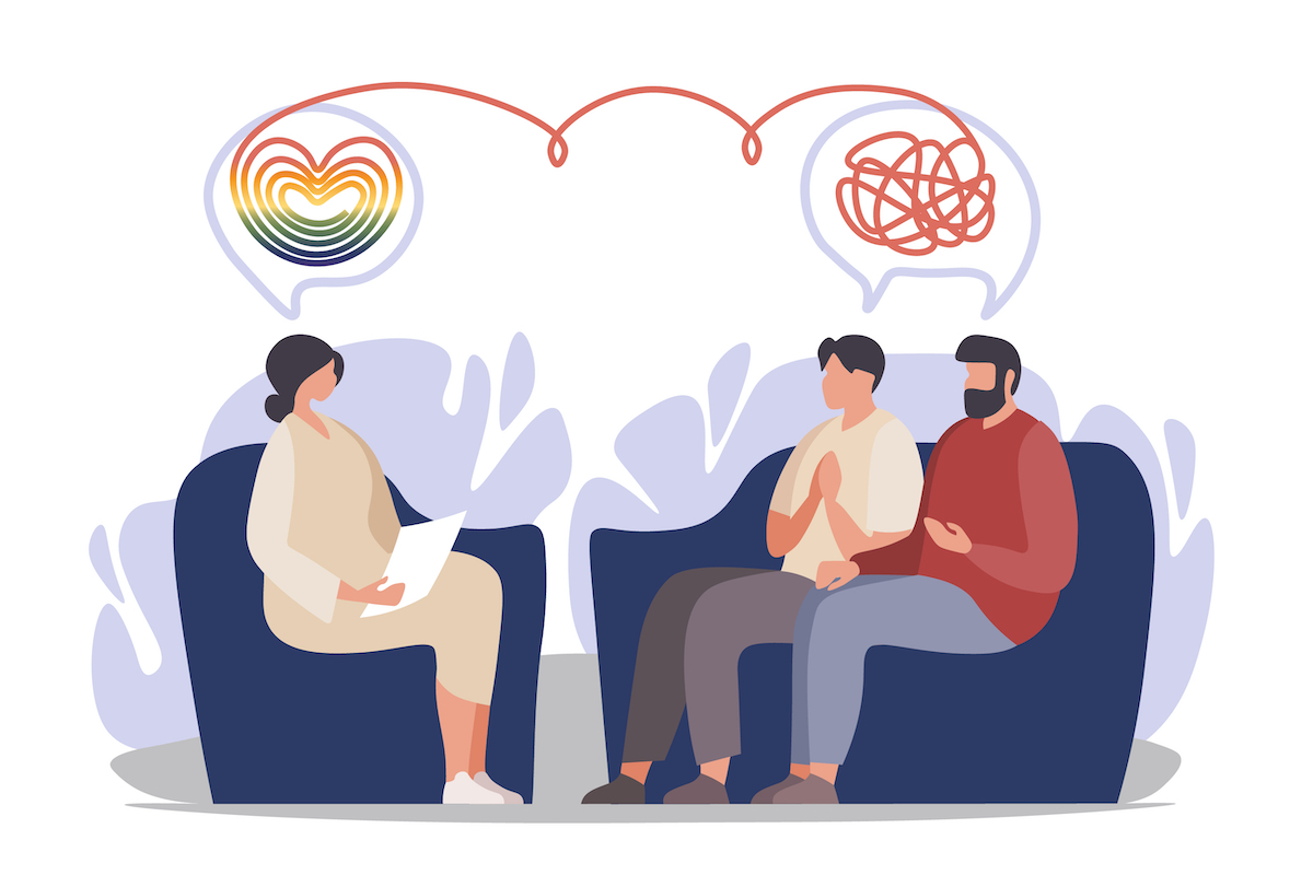 Psychotherapy. Family psychologist speaking with LGBT couple, family psychiatry  concept. Vector illustration.